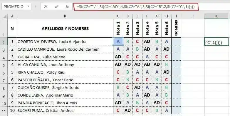 sacar promedio de notas con letras 2