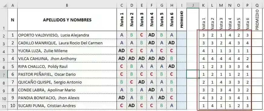 sacar promedio de notas con letras 3