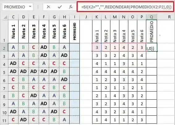 sacar promedio de notas con letras 4